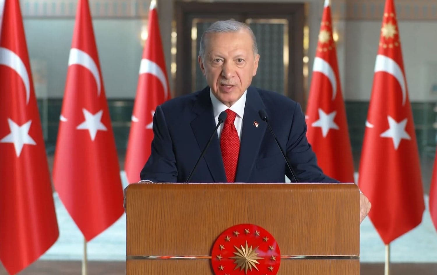 Turkish President Recep Tayyip Erdogan delivering a speech on the 22nd anniversary of the establishment of the Justice Development Party (AKP) in Ankara on August 14, 2023. Photo: AA