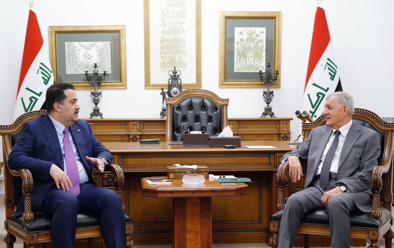 Iraq’s Prime Minister Mohammed Shia’ al-Sudani (left) meeting with President Abdul Latif Rashid (right) in Baghdad on August 24, 2023. Photo: PM Sudani’s office