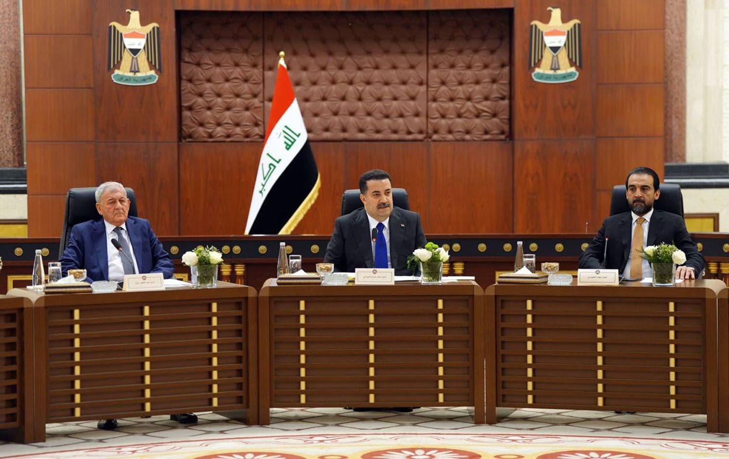 From left: Iraqi President Abdul Latif Rashid, Prime Minister Mohammed Shia' al-Sudani, and Parliament Speaker Mohammed al-Halbousi during a meeting of the State Administration Coalition on September 9, 2023. Photo: Sudani's office