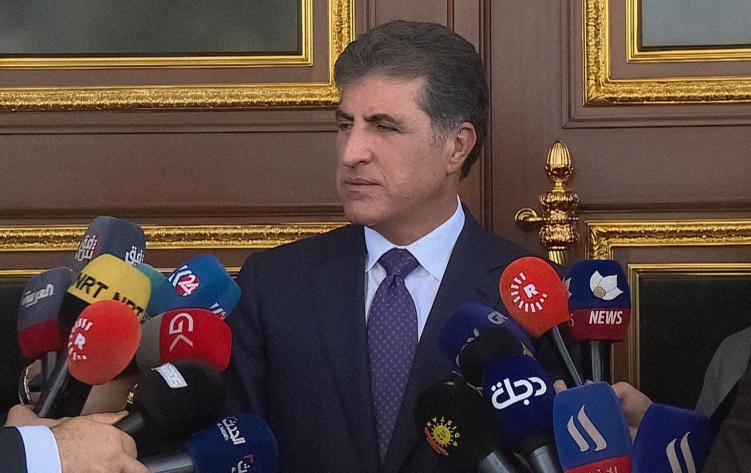Kurdistan Region President Nechirvan Barzani speaks to reporters in Erbil on September 13, 2023. Photo: screengrab/Rudaw