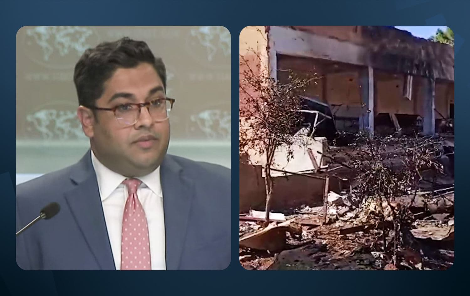 From left: US Department of State Principal Deputy Spokesperson Vedant Patel speaking to reporters on October 4, 2023 and a suspected Turkish drone strike in Hasaka on the same day. Photo: handout/Ronahi TV