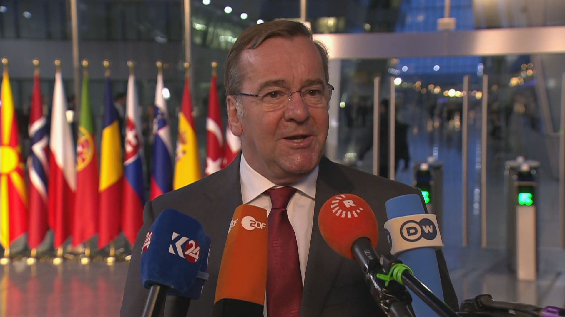 German Defense Minister Boris Pistorius speaking to reporters in Brussels on October 12, 2023. Photo: Rudaw