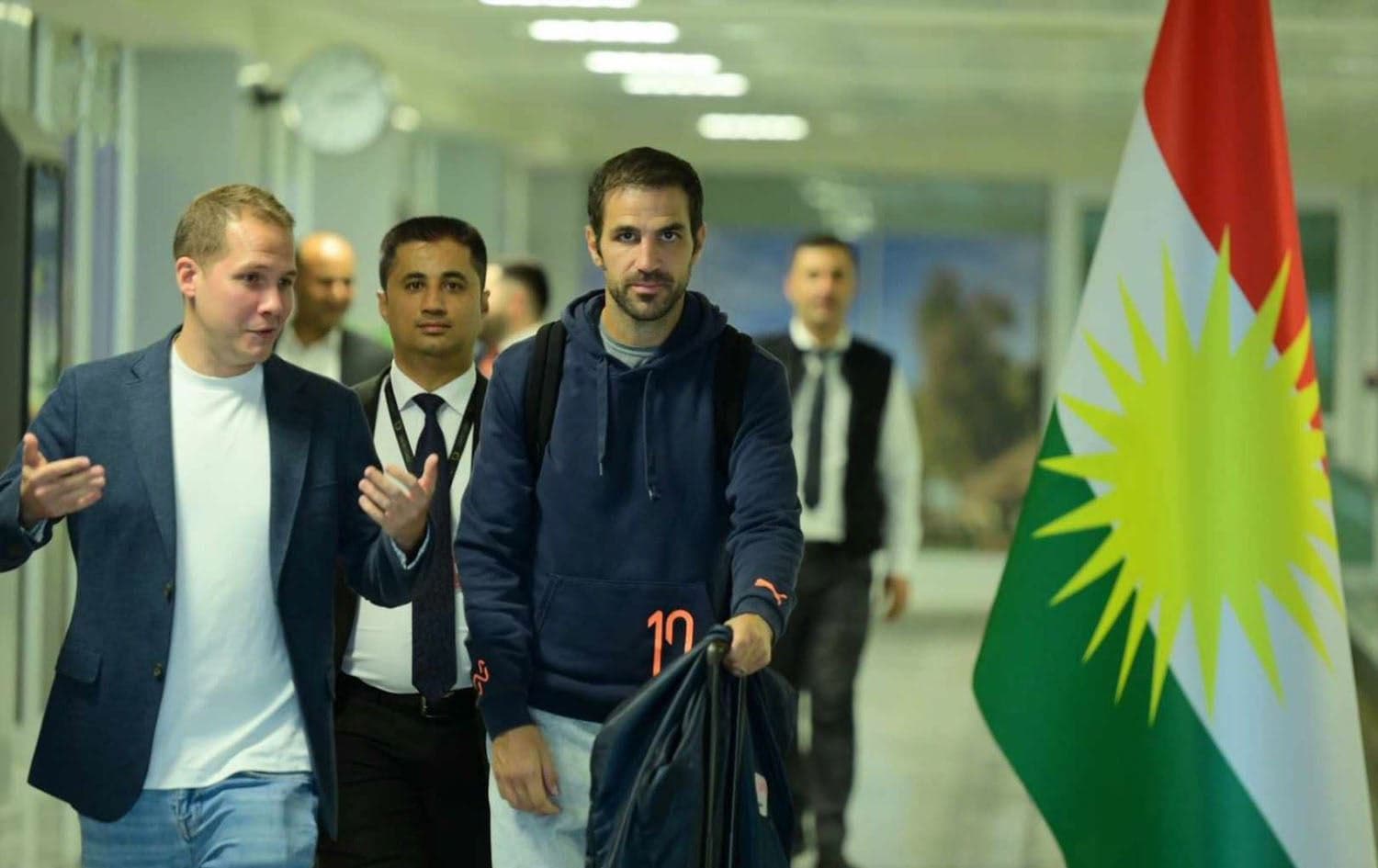 From Left,  Luis Cardenas, LaLiga’s head of partnerships in the Middle East and Africa and Spanish football legend Cesc Fabregas in Erbil on October 13, 2023. Photo: Bilind T. Abdulllah/Rudaw