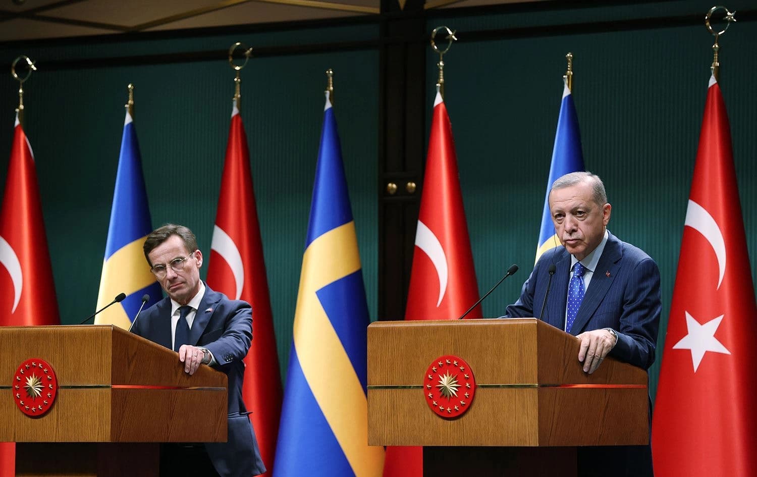 İsveç Başbakanı Kristersson ile Türkiye Cumhurbaşkanı Erdoğan ile geçen ortak basın toplantısı düzenlemişti. / AA