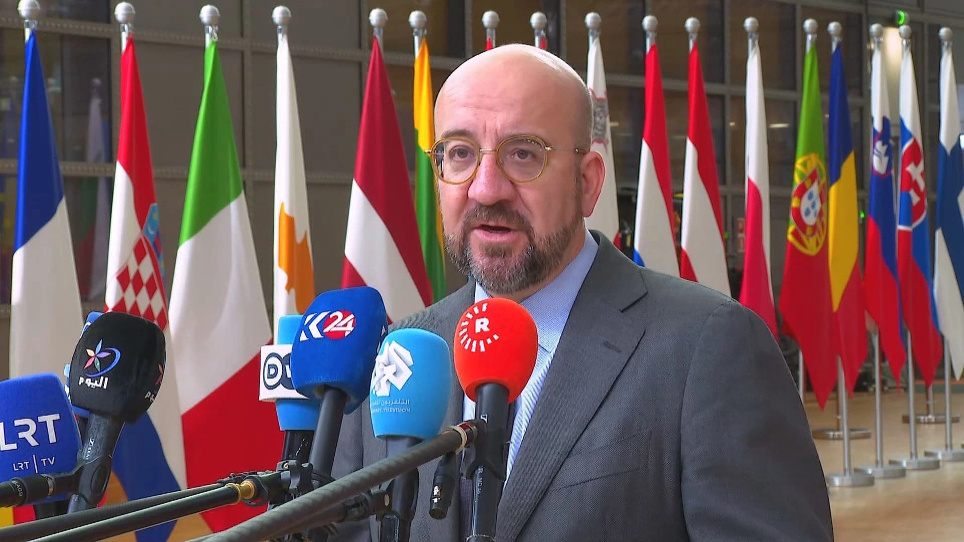 President of the European Council Charles Michel speaking to reporters in Brussels on October 27. Photo: Rudaw 