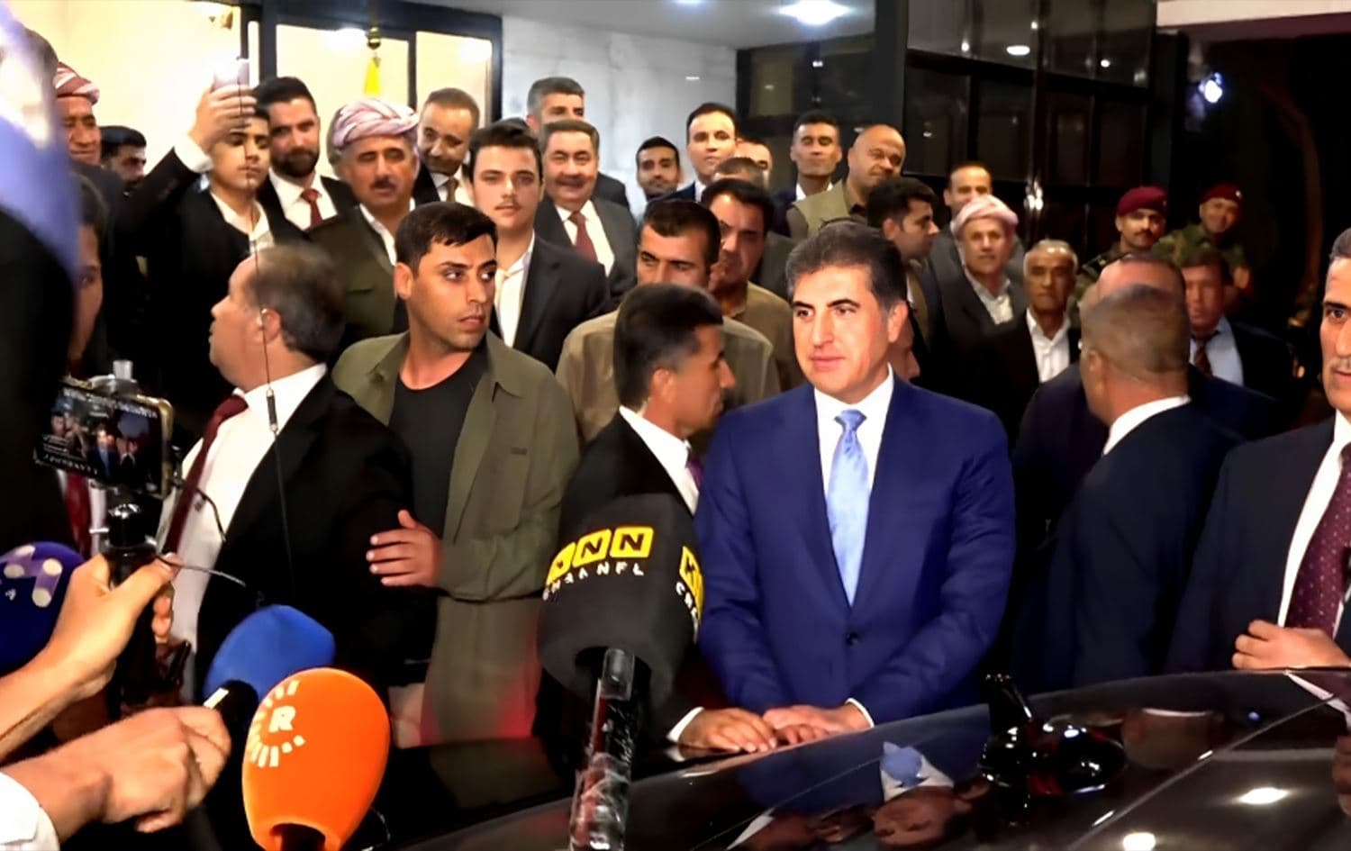 Kurdistan Region President Nechirvan Barzani [3rd from right] speaks to reporters in Erbil on November 7, 2023. Photo: Rudaw 