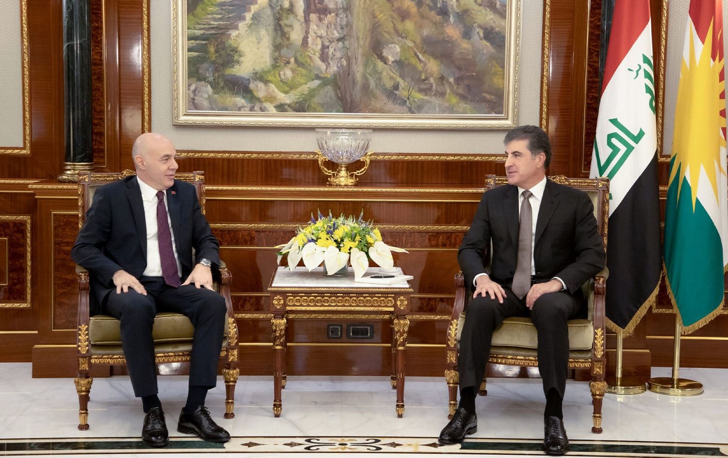 Kurdistan Region President Nechirvan Barzani (right) in a meeting with Turkish Ambassador to Iraq Ali Riza Guney (left) in Erbil on November 28, 2023. Photo: Office of the President