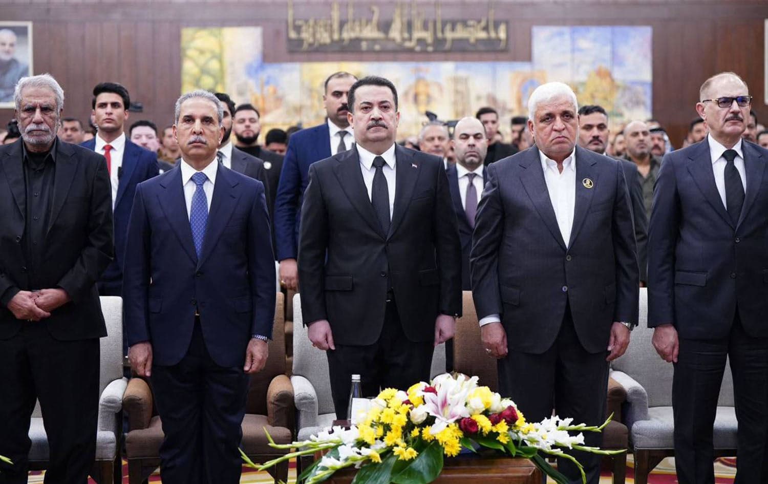 Iraqi Prime Minister Mohammed Shia' al-Sudani (center) in a memorial ceremony organized by the Popular Mobilization Forces (PMF, or Hashd al-Shaabi) in Baghdad commemorating the fourth anniversary of the assassination of Qasem Soleimani and Abu Mahdi al-Muhandis on January 5, 2024. Photo: Sudani's office