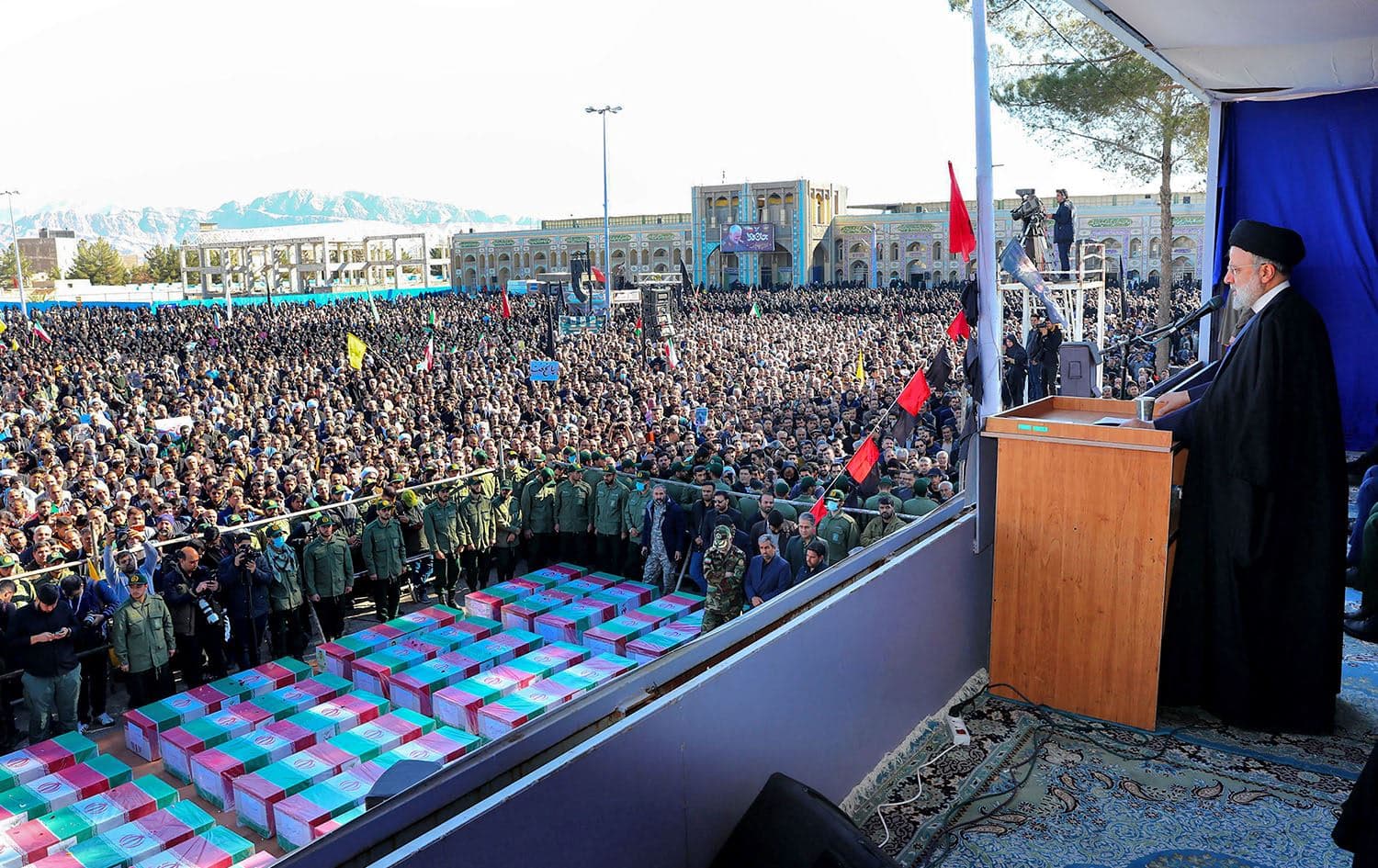 This handout picture provided by the Iranian presidency on January 5, 2024, shows Iran's President Ebrahim Raisi speaking during the funeral of victims killed in twin blasts on January 3, as they took part in a commemmoration marking the anniversary of the killing of Revolutionary Guards general Qasem Soleimani in the southern city of Kerman. Photo: Iranian Presidency/AFP