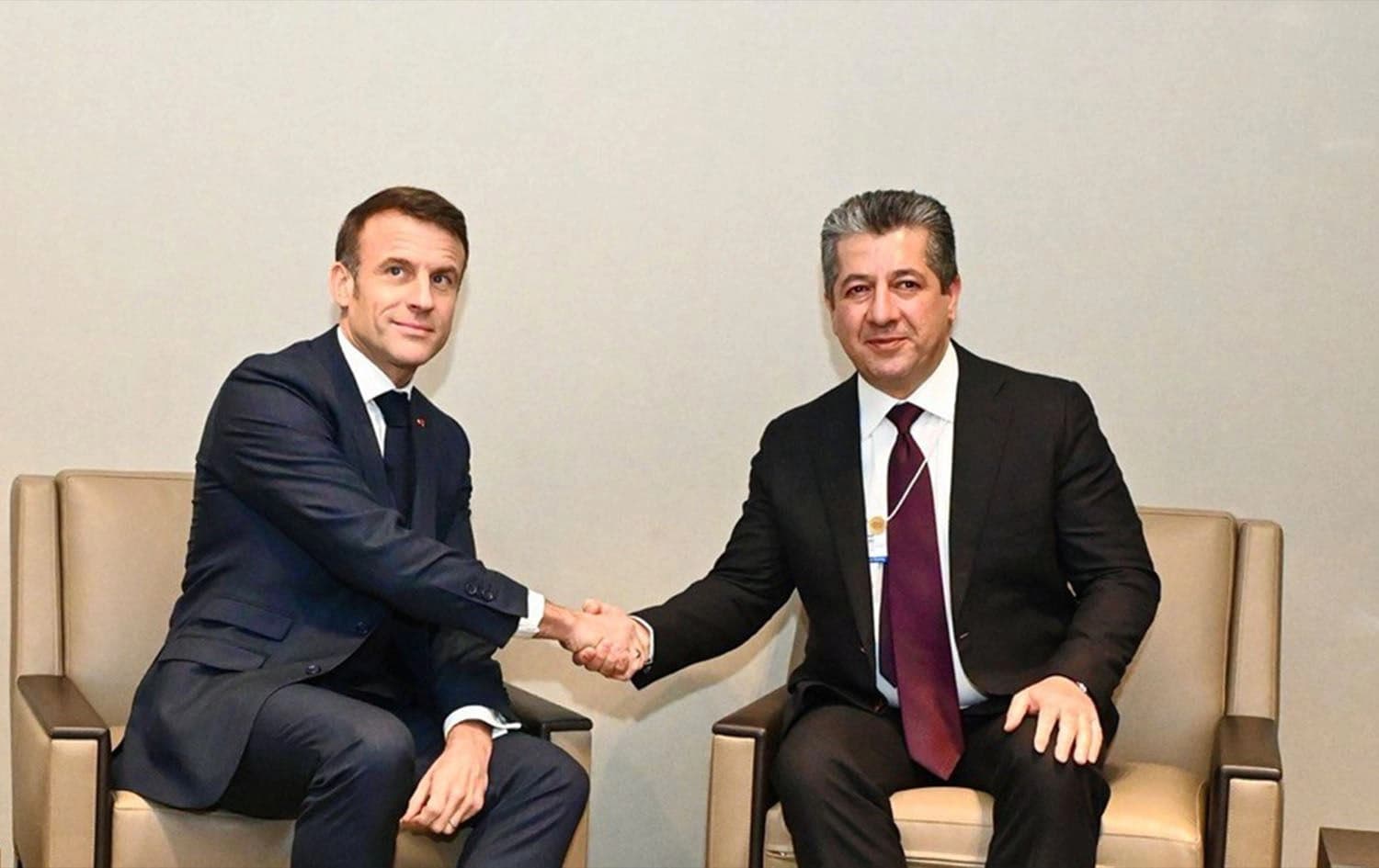 French President Emmanuel Macron and Kurdistan Region Prime Minister Masrour Barzani meet on the sidelines of the World Economic Forum in Davos on January 17, 2023. Photo: PM Barzani's office