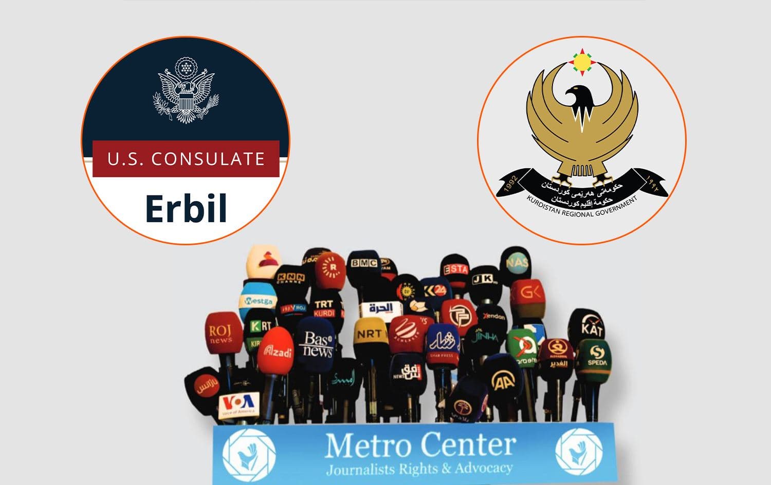 From left: US Consulate logo, photo taken by Metro Center shows microphones of some Kurdish media outlets, and KRG logo 