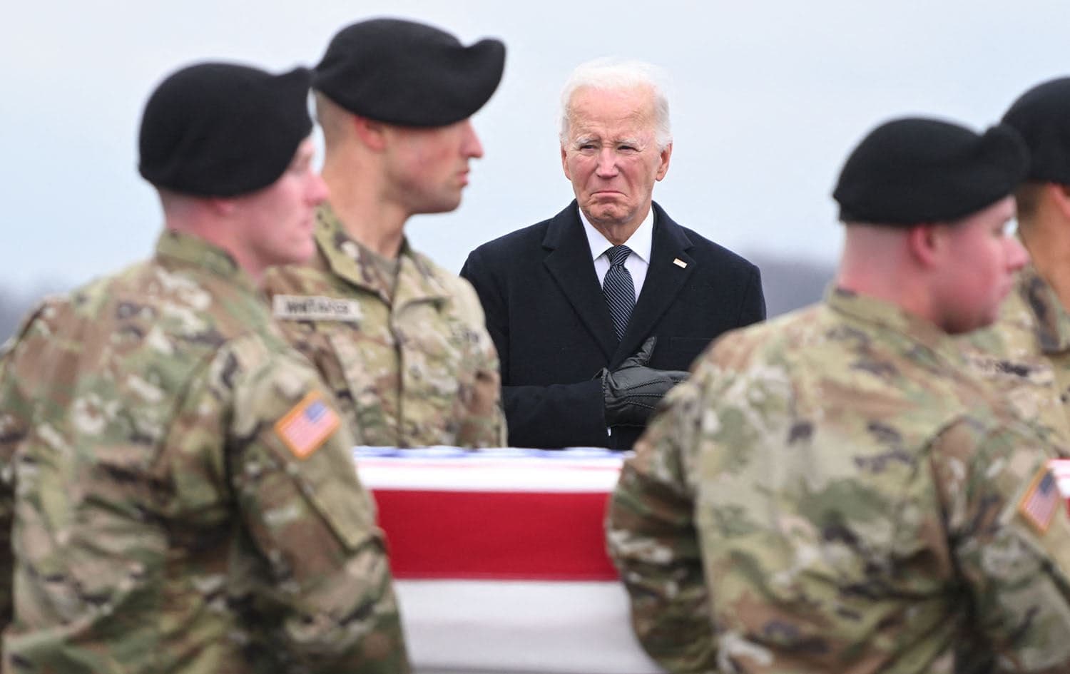 US President Joe Biden attends the dignified transfer of the remains of three US service members killed in the drone attack on the US military outpost in Jordan, at Dover Air Force Base in Dover, Delaware, on February 2, 2024. Photo: Roberto Schmidt/AFP