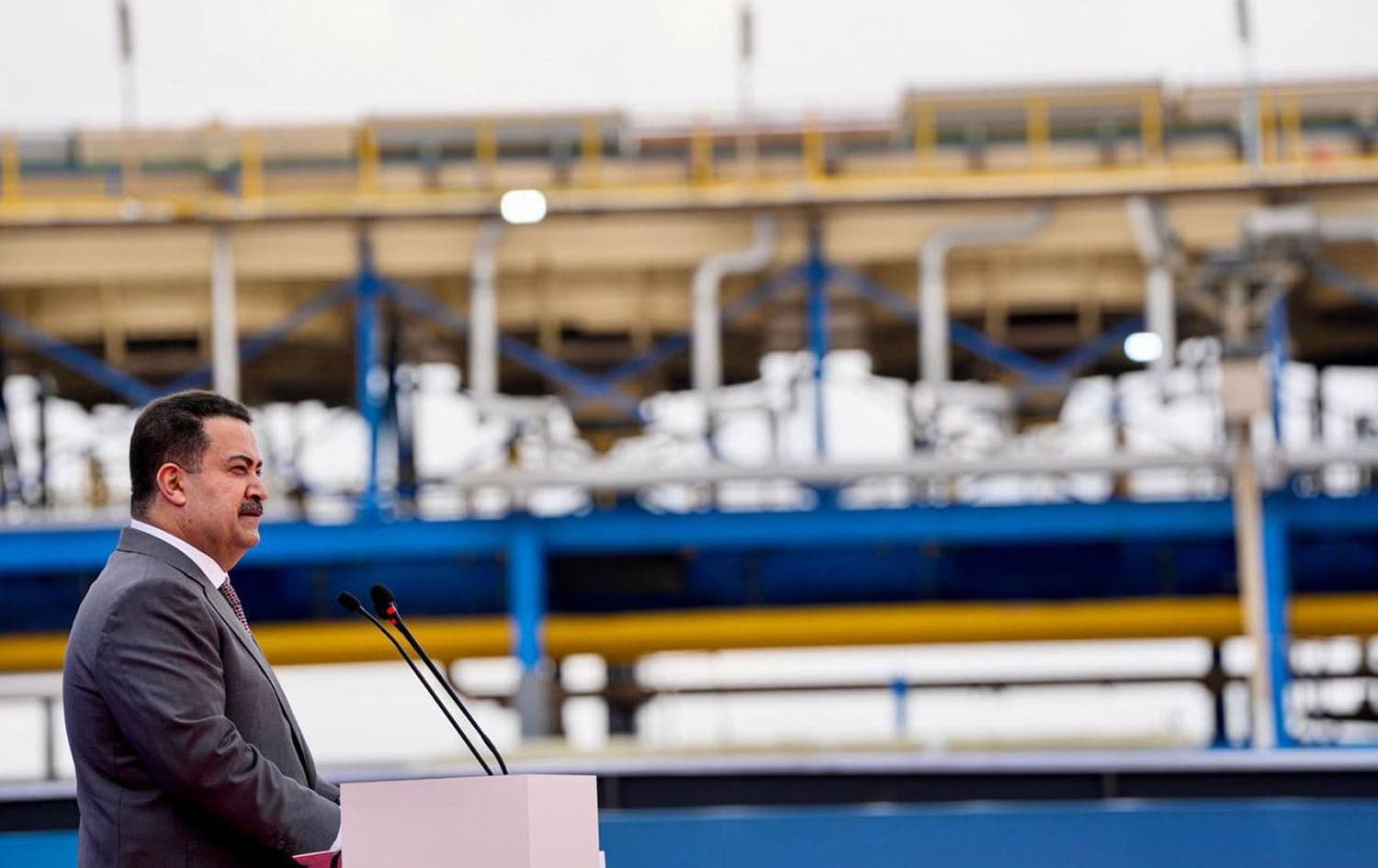 Iraqi Prime Minister Mohammed Shia' al-Sudani speaking at the reopening of the Baiji oil refinery on February 23, 2024. Photo: PM Sudani's office