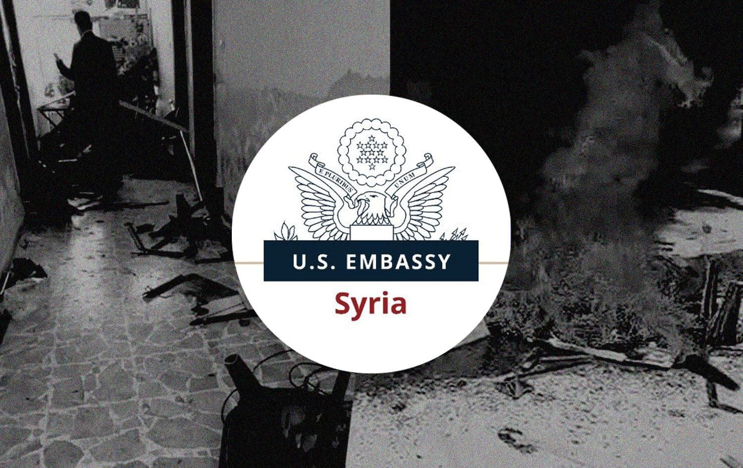 Logo of the US embassy in Syria, and the aftermath of the attack on the PDK-S office in Syria. Photo: Submitted.