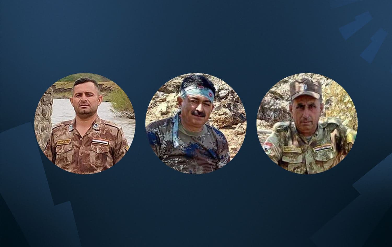 From left: Rizgar Majeed, Abdulkarim Jalal, Masoud Ali were killed in a landmine explosion in Erbil on March 10, 2024. Photos: submitted; Graphic: Rudaw