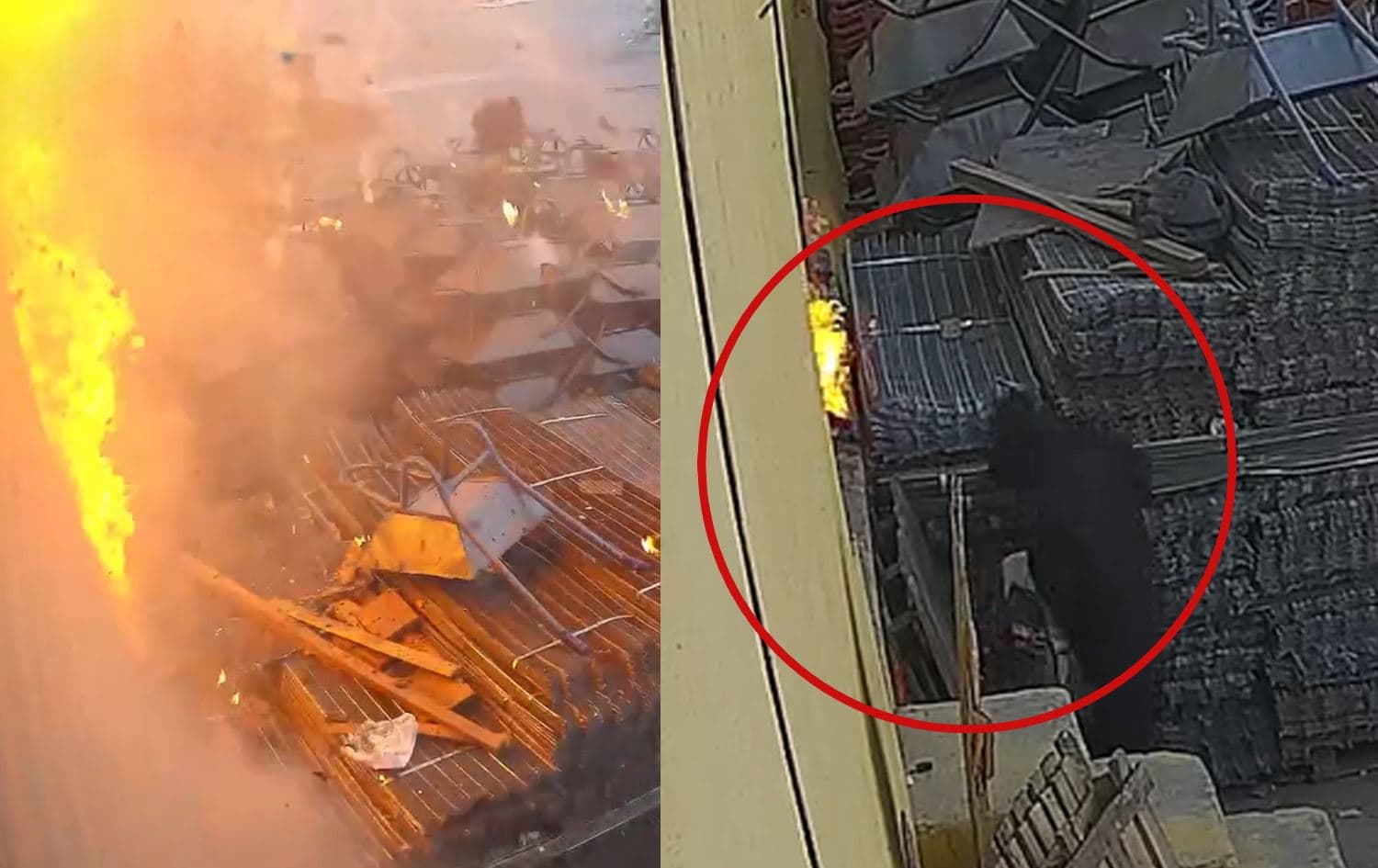 Security footage showing a man setting fire to a storage depot in northern Erbil’s industrial zone on March 9, 2024. Photo: Erbil Asayish directorate/Facebook/Screengrab