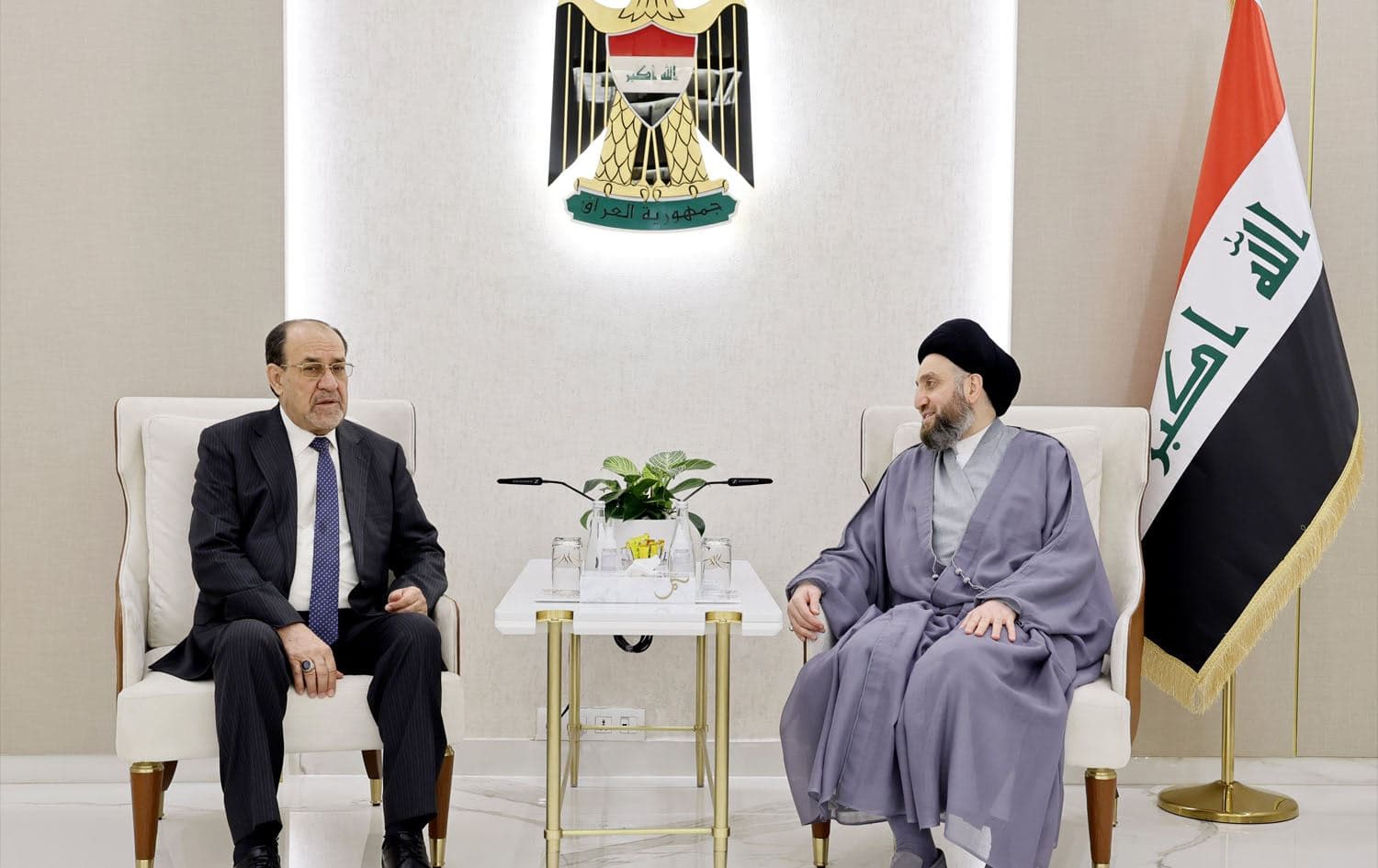 Nouri al-Maliki, the head of the State of Law coalition (left), and Ammar al-Hakim, the head of the National Wisdom Movement meeting on March 19, 2024. Photo: Hakim X, @Ammar_Alhakeem