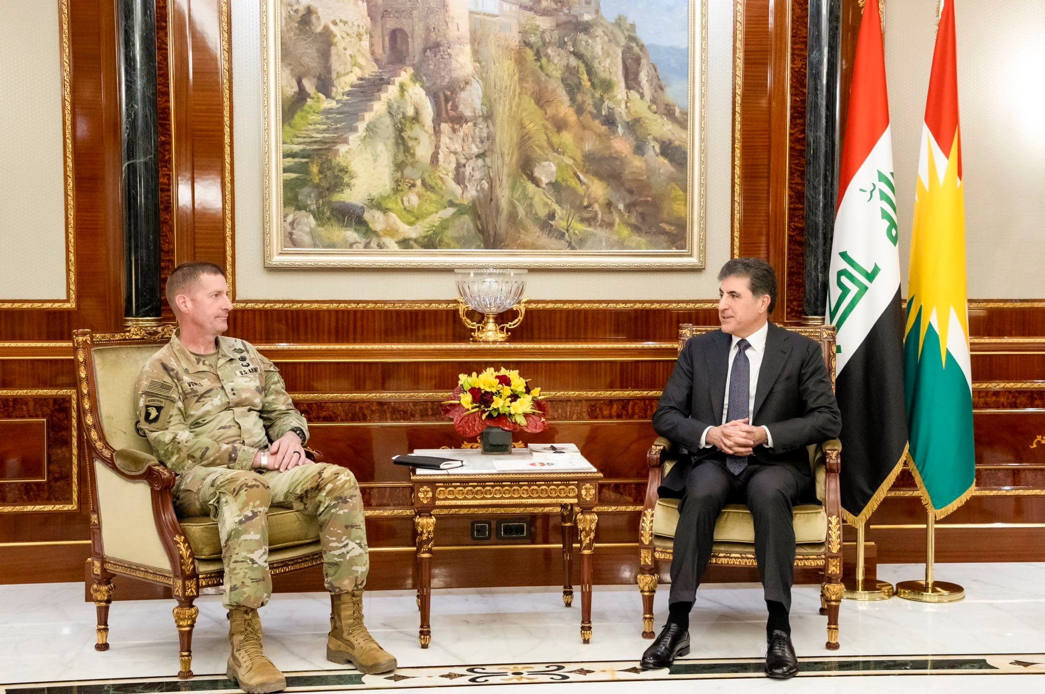 From left: Major General Joel B. Vowell and President Nechirvan Barzani meeting in Erbil on April 4, 2024. Photo: Kurdistan Region Presidency 