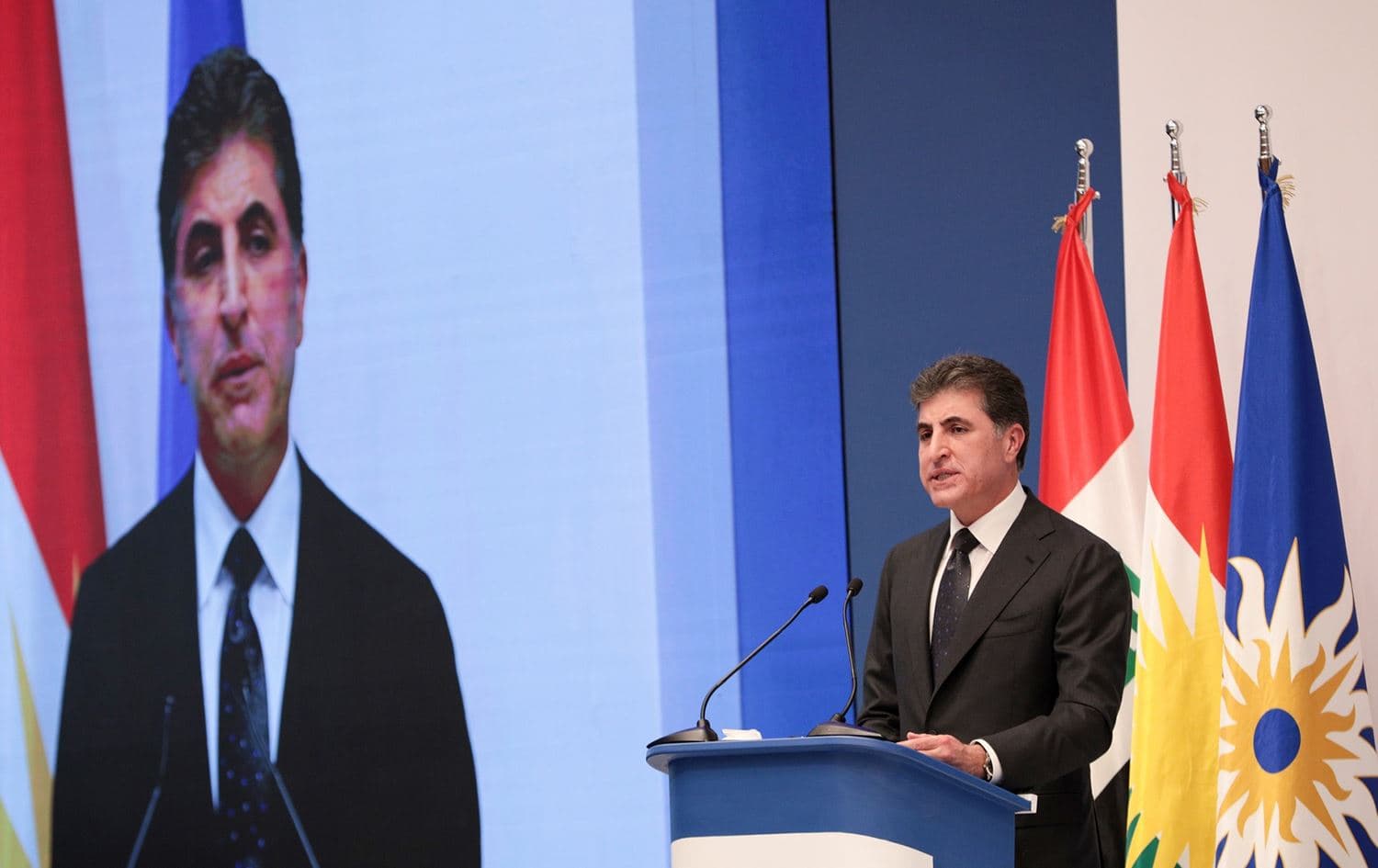 Kurdistan Region President Nechirvan Barzani delivering a keynote address at the eighth edition of the Sulaimani Forum on April 17, 2024. Photo: Office of the President