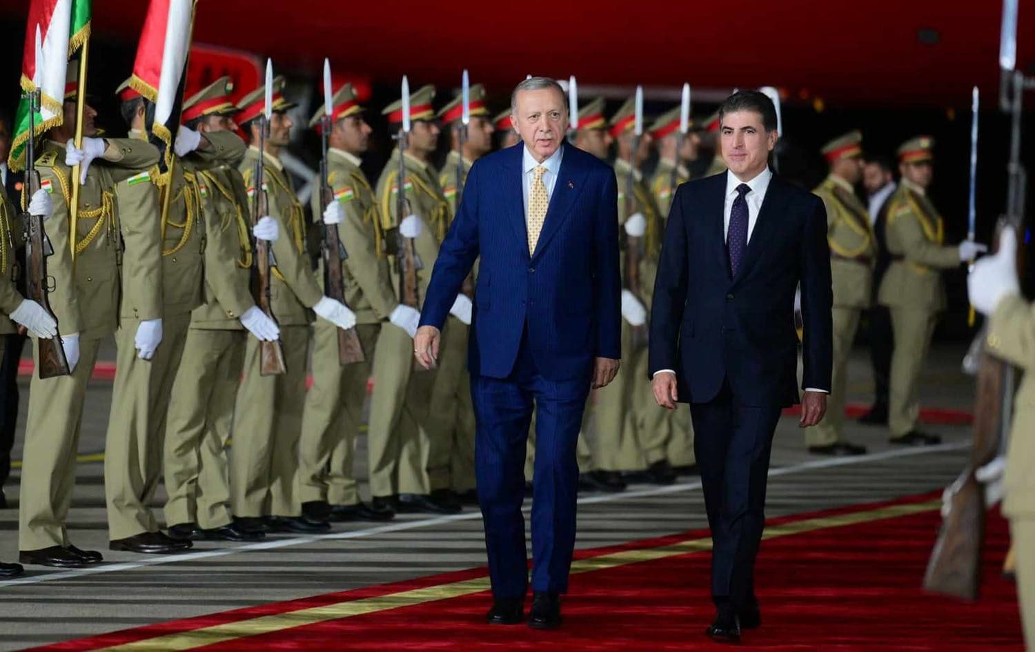 Kurdistan Region President Nechirvan Barzani (right) received Turkish President Recep Tayyip Erdogan (left) in Erbil on April 22, 2024. Photo: Bilind T. Abdullah/Rudaw