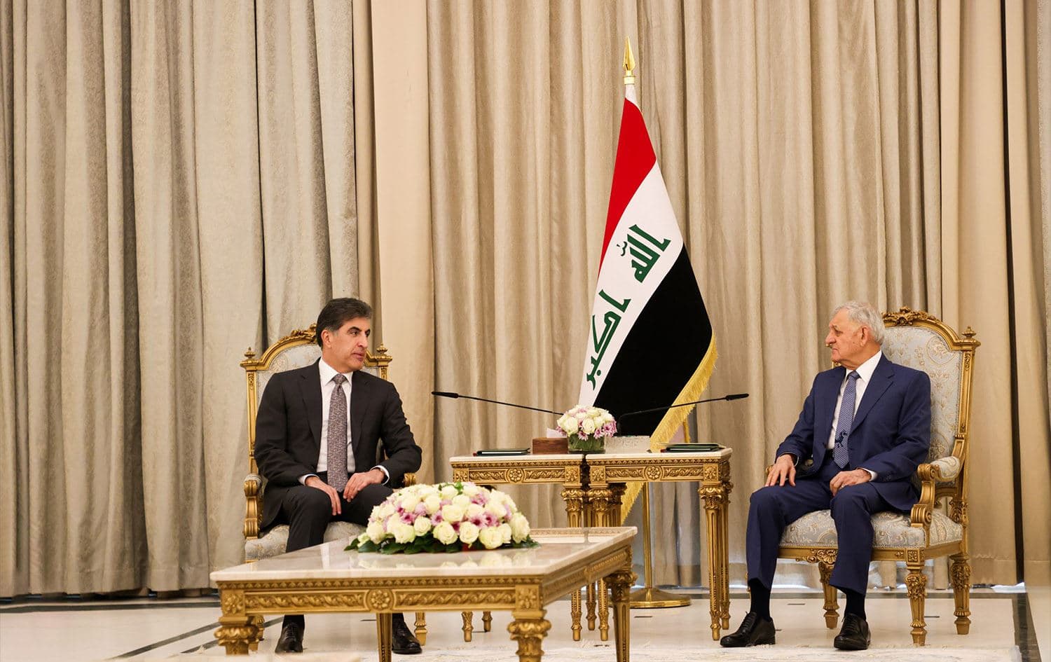 Kurdistan Region President Nechirvan Barzani (left) and Iraqi President Abdul Latif Rashid (right) in a meeting in Baghdad on April 28, 2024. Photo: Office of President Barzani 