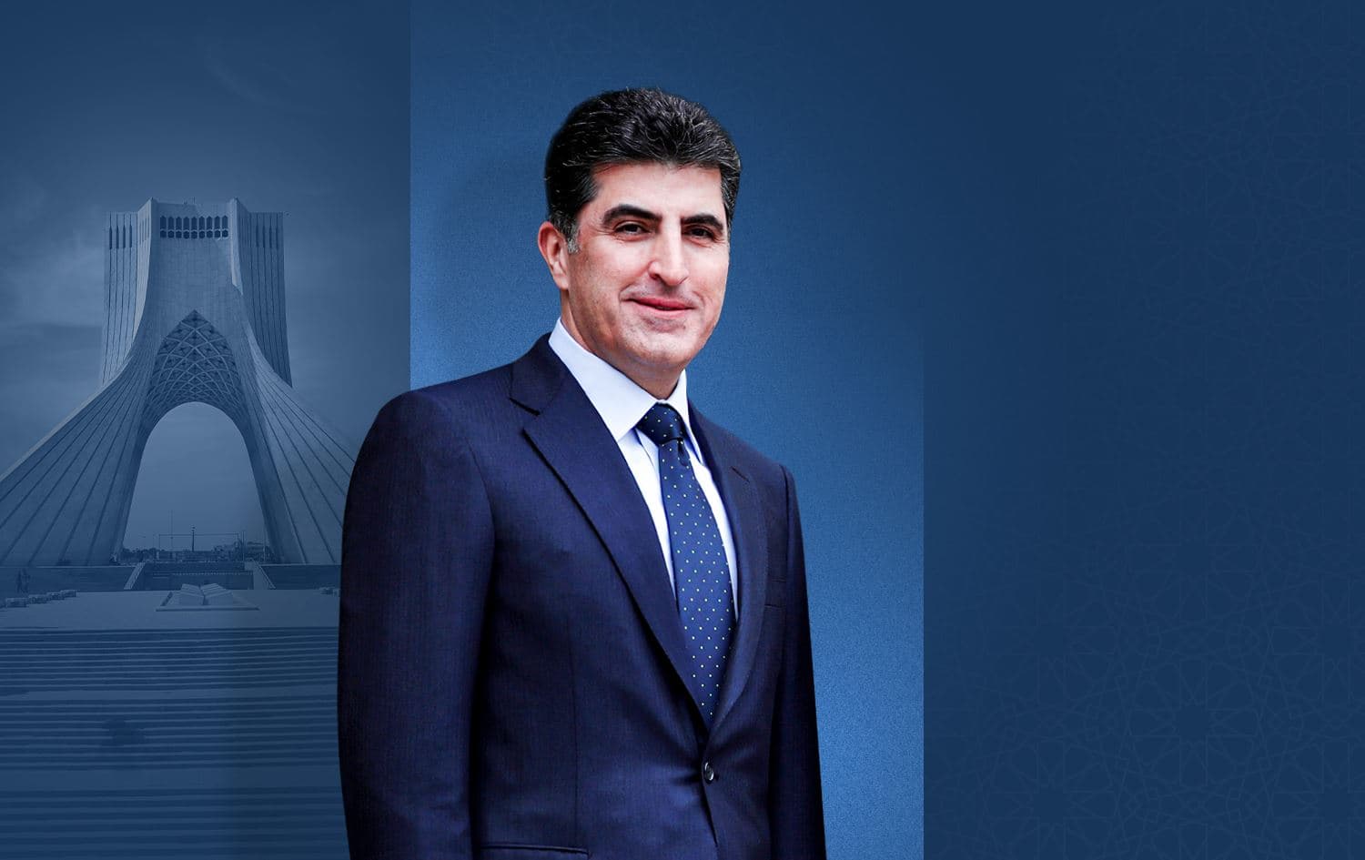 Background: Tehran's Azadi Tower. Front: Kurdistan Region President Nechirvan Barzani. Graphic: Rudaw