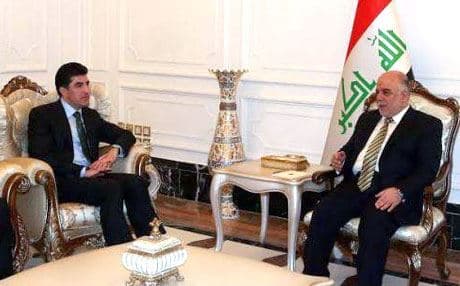 Prime Minister Nechirvan Barzani (left) with Iraqi counterpart Haidar Abadi. 
