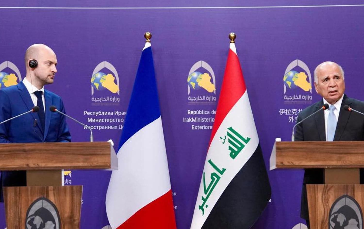 کۆنفرانسی رۆژنامەڤانیی وەزیری دەرەوەی فەرەنسا و فوئاد حوسێن لە بەغدا