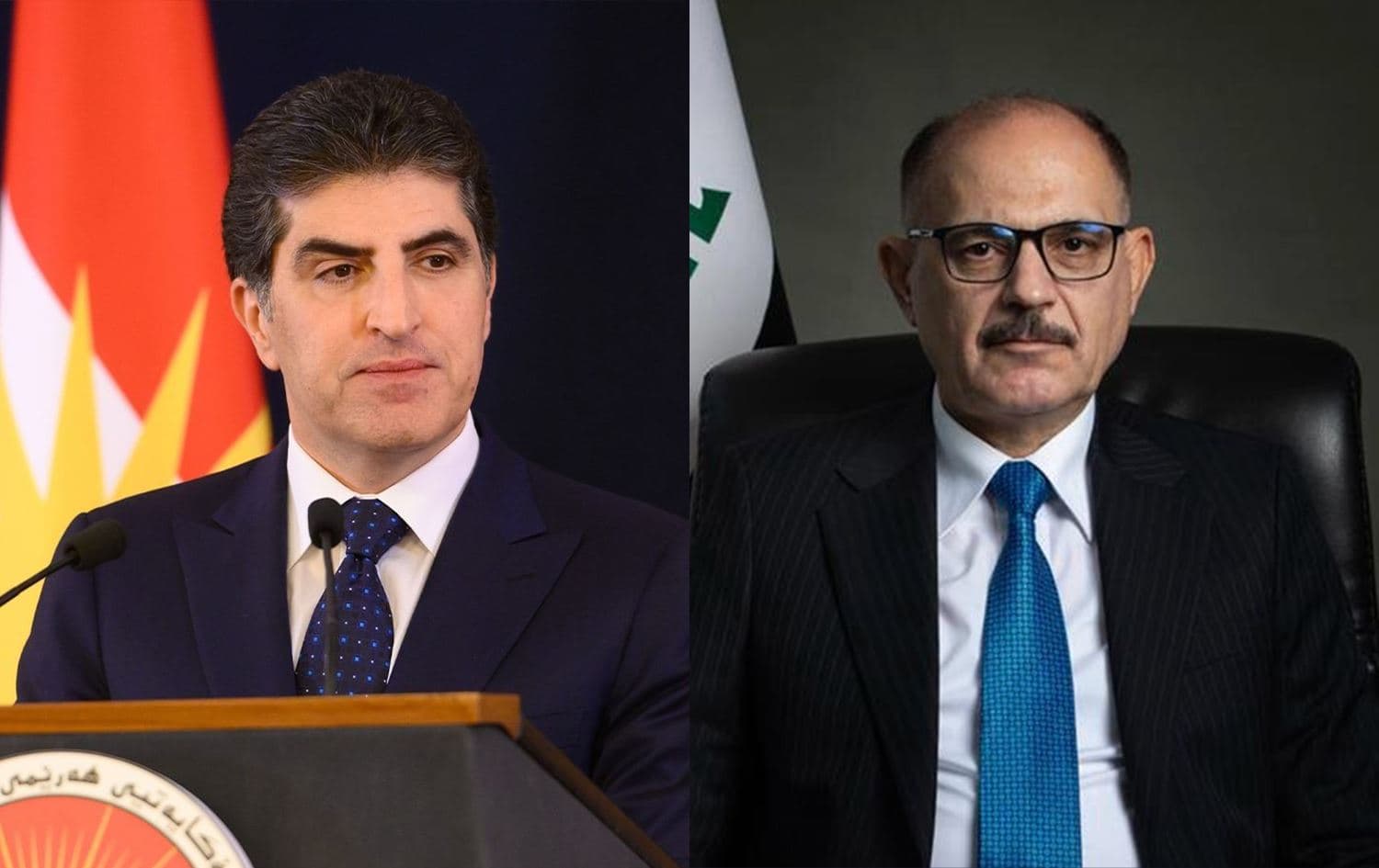 نێچیرڤان بارزانی، سەرۆکی هەرێمی کوردستان [لای چەپ] و جاسم محەممەد عەبوود، سەرۆکی دادگەی فیدراڵیی عێراق.
