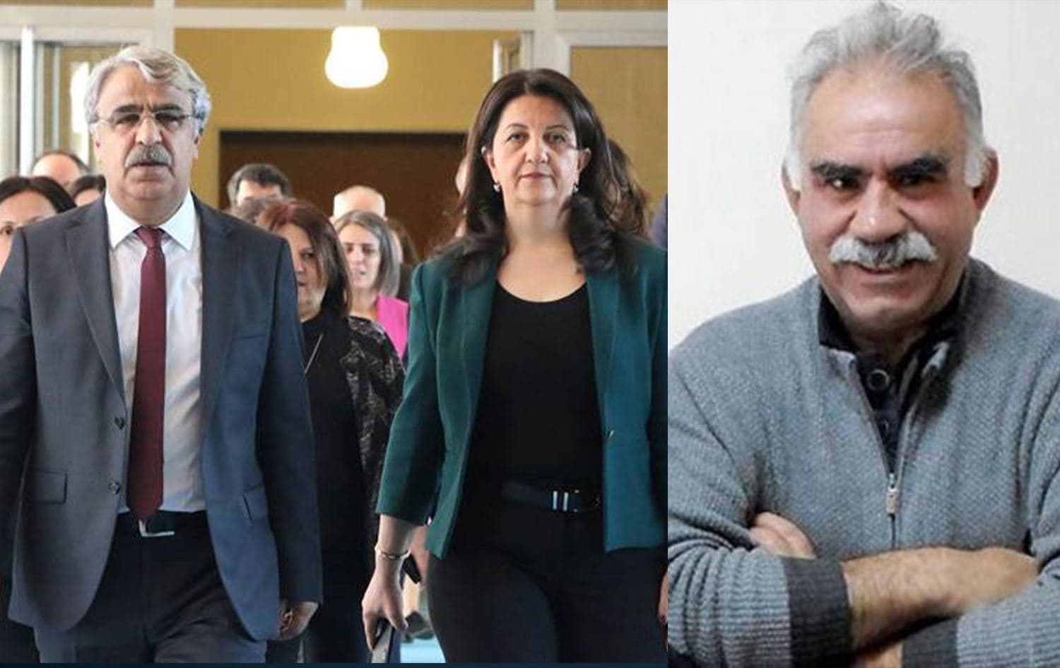 لە راستەوە بۆ چەپ: عەبدوڵڵا ئۆجەلان، رێبەری زیندانیکراوی پەکەکە و پەروین بوڵدان و میدحەت سانجار، پەرلەمانتارانی دەم پارتی