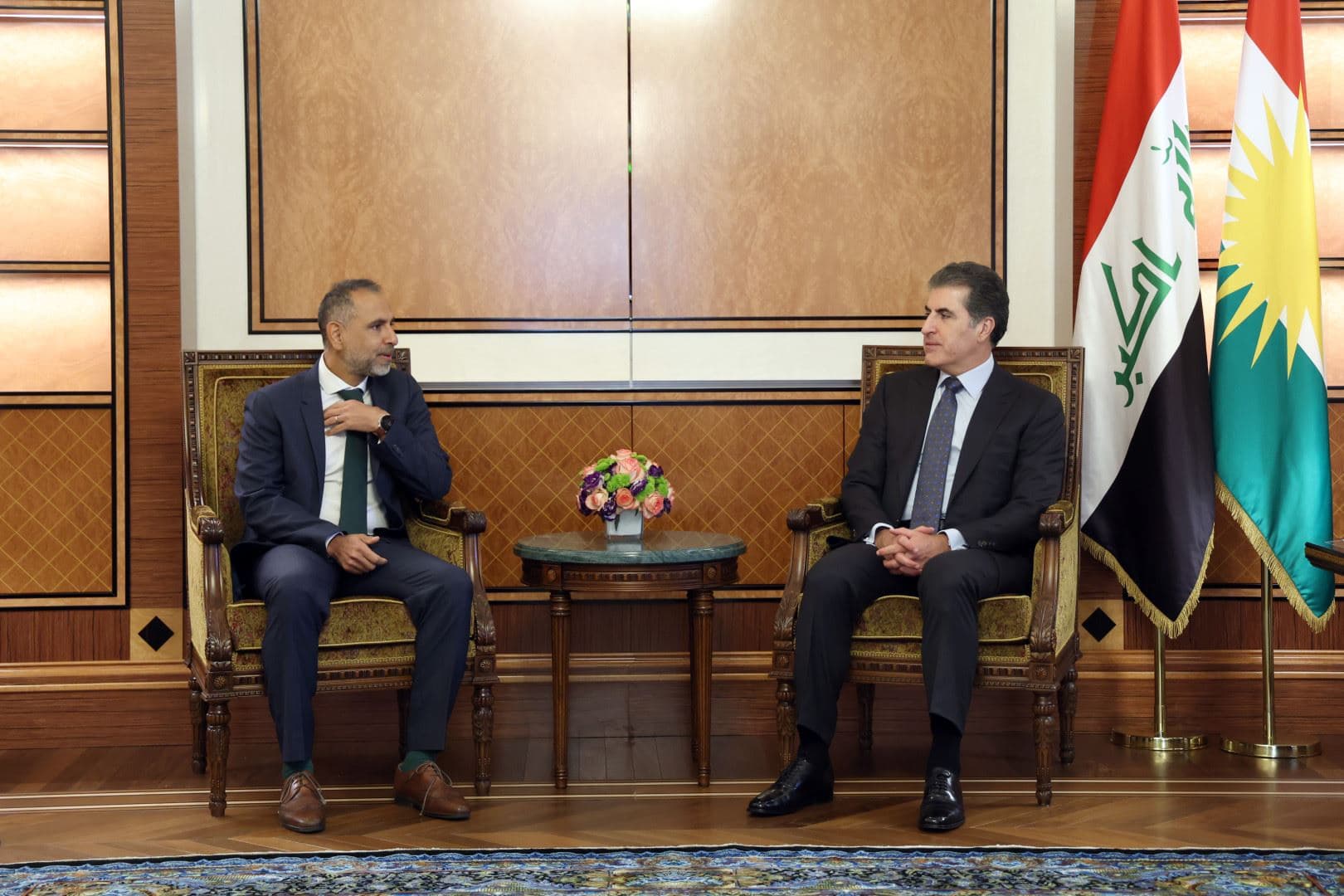Kurdistan Region President Nechirvan Barzani (right) on October 13, 2025 received the British Ambassador to Baghdad Irfan Siddiq in Erbil. Photo: Kurdistan Region Presidency  