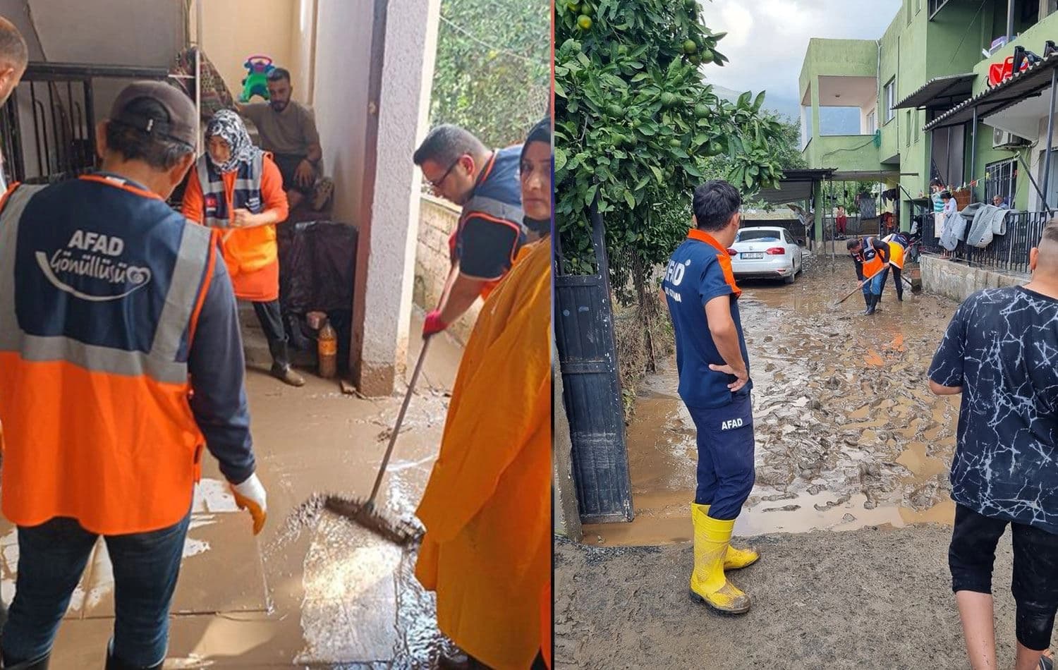 Hatay'da 95 kişiden oluşan ekip tarafından su ve balçık girmiş evlerde temizlik çalışması yapıldı. / AA