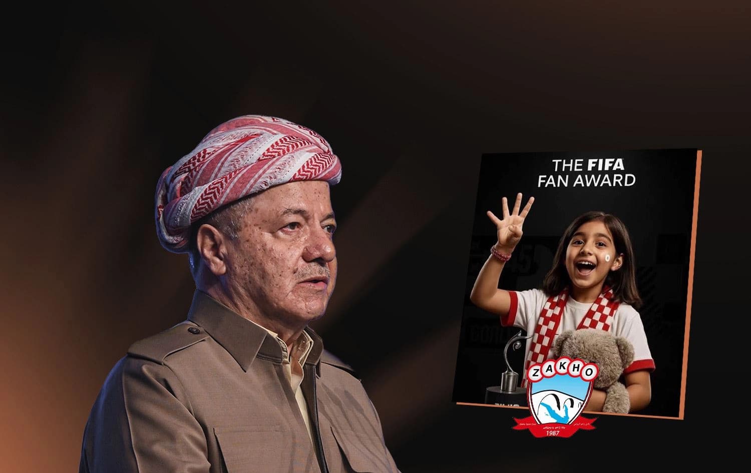 سەرۆک بارزانی و نیپێل، ئەو کچەی فیفا کردوویەتیە هێمای هاندەرانی زاخۆ.