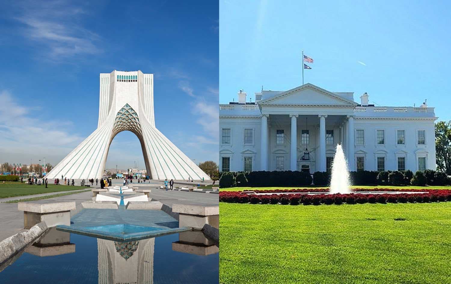 وێنەیەکی مەیدانی ئازادیی تاران و باڵەخانەی کۆشکی سپی لە واشنتن دی سی