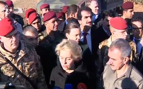 German Defense Minister Ursula von der Leyen with Kurdistan Region Peshmerga Minister Mustafa Sayid Qadir at a Peshmerga training camp outside Erbil. 