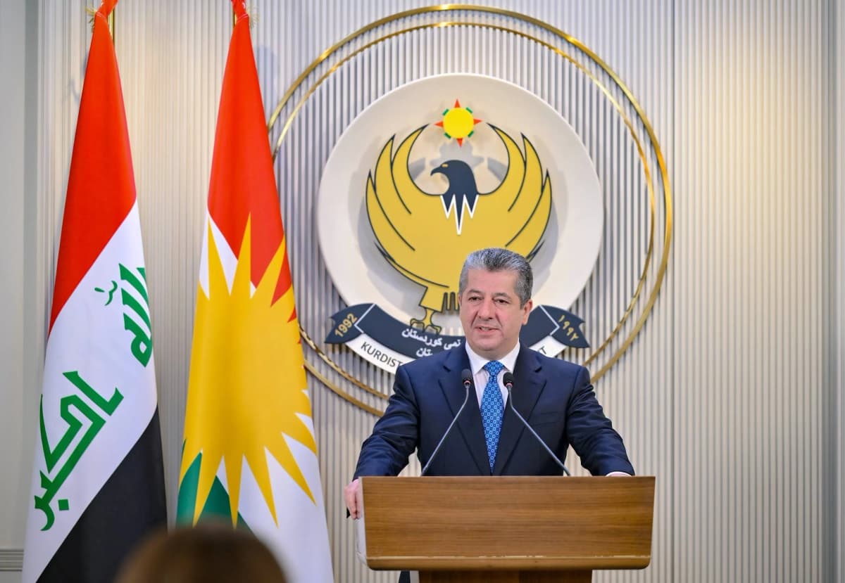Photo: rudaw.net Kurdistan Region Prime Minister Masrour Barzani speaks during a press conference on July 27, 2026. Photos: KRG