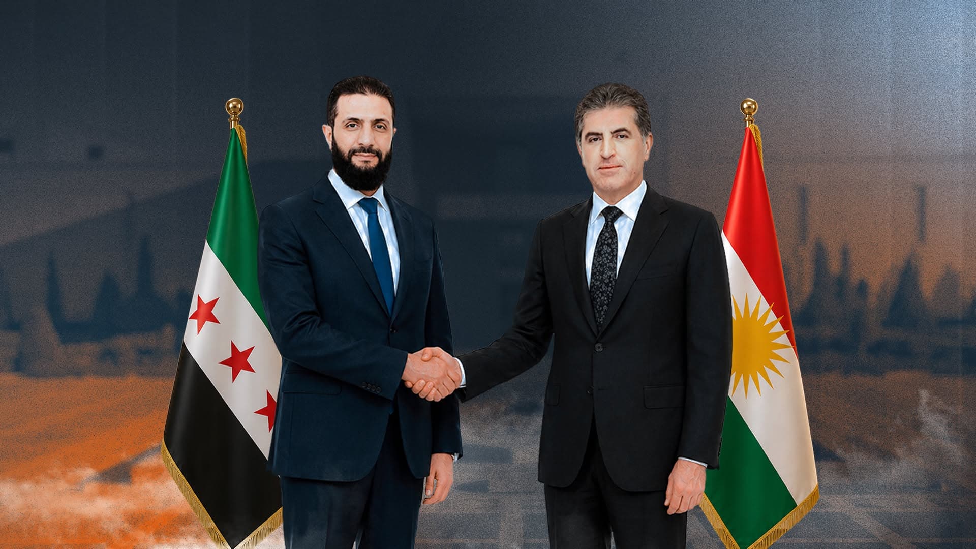 نێچیرڤان بارزانی، سەرۆکی هەرێمی کوردستان و ئەحمەد شەرع، سەرۆکی کاتیی سووریا.