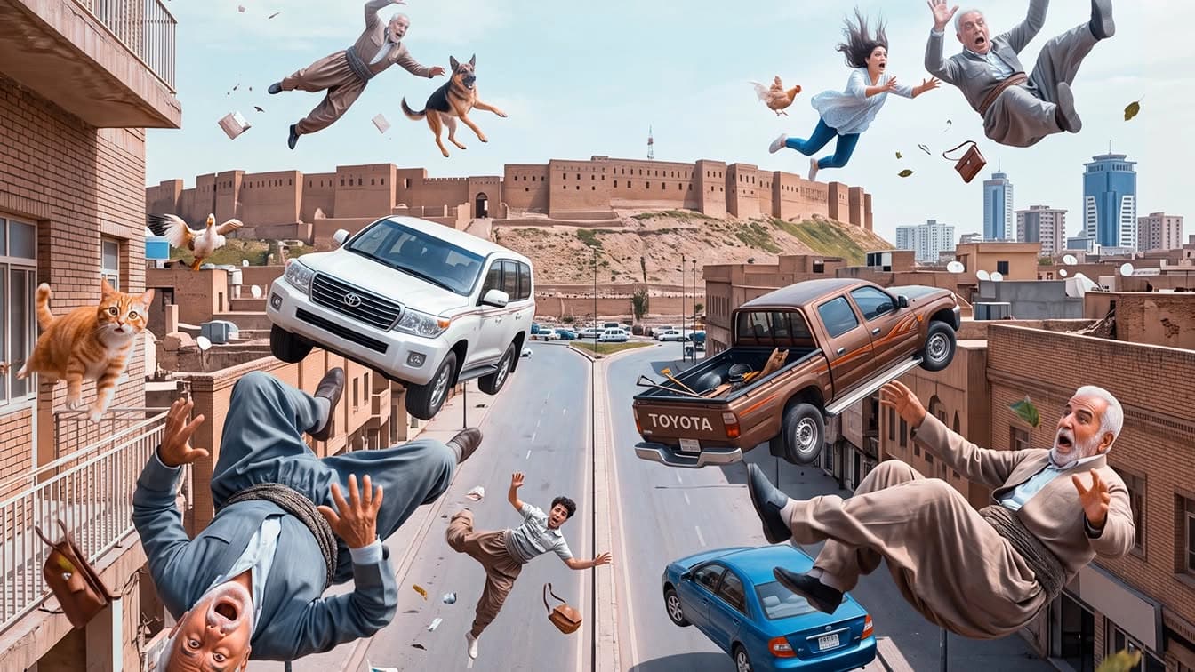 دیمەنێک گوزارشت لەوە دەکات هێزی کێشکردنی زەوی نەماوە و خەڵک، ئاژەڵ و کەلوپەلەکان فڕیونەتە ئاسمان. وێنەکە بە ژیریی دەستکرد دروستکراوە