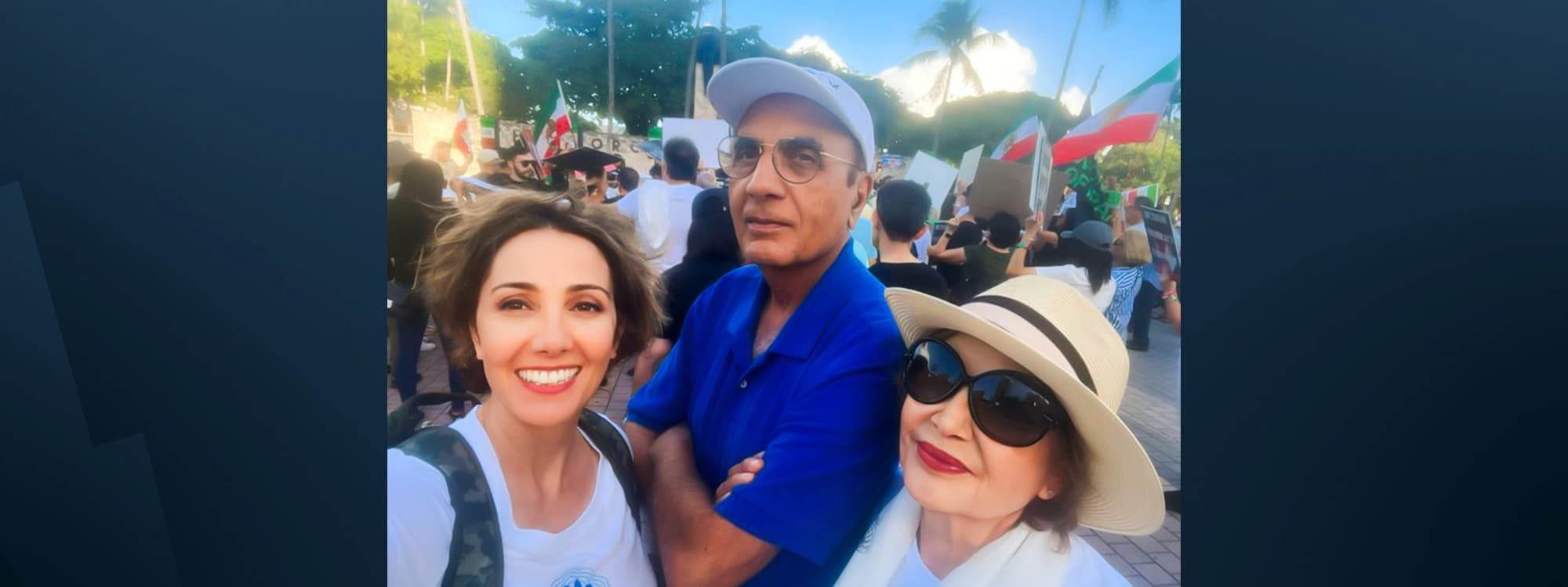 A photo of Sabeti with his wife and daughter on February 11, 2023 at an anti-government protest in California. Photo: Social media