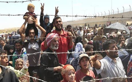 Syrian refugees mass at the Turkish border. Photo : AP