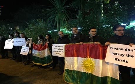 Other placards said airstrikes saved Kobane and liberated Sinjar. Photo by author