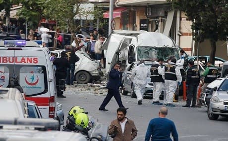 Police work at the scene of a blast in Istanbul, Thursday, Oct. 6, 2016.