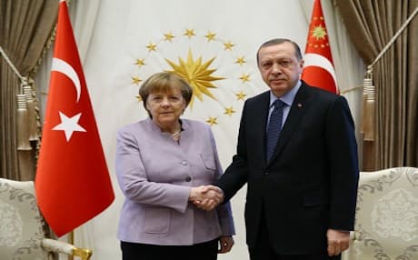 Turkish President Recep Tayyip greets German Chancellor Angela Merkel in Ankara, Turkey, on Feb. 2, 2017. Photo: Turkey foreign ministry