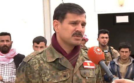 Haider Shasho, commander of the Ezidkhan Protections Force, speaks to Rudaw TV in early March when clashes erupted between two Kurdish groups in Shingal. Photo: Rudaw video