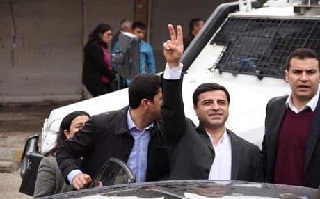 The HDP's Selahattin Demirtaş outside a courthouse in Turkey in 2016. Photo: HDP