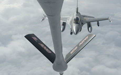A Belgian F-16 Fighting Falcon approaches refueling from a US KC-135 Stratotanker as poart of Combined Joint Task Force - Operation Inherent Resolve over the skies of Iraq on April 11, 2017. Photo: Joshua A. Hoskins | US Air Force
