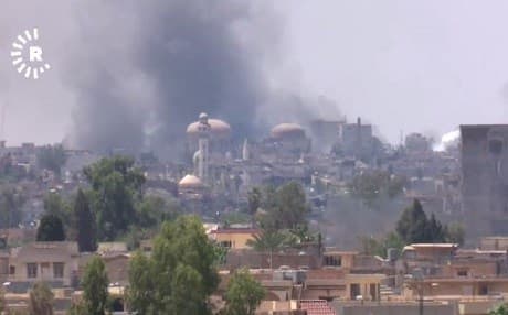 Screengrab from a Rudaw video of white smoke over west Mosul on Saturday.