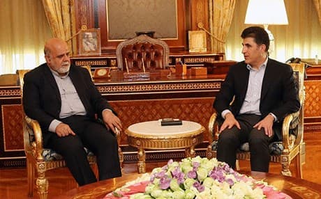 نێچیرڤان بارزانی، سەرۆکوەزیرانی هەرێمی کوردستان و ئیرهج مهسجدی، باڵیۆزی نوێی كۆماری ئیسلامیی ئێران له عێراق