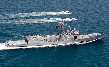Turkey's TCG Gokova Frigate manuevers in a joint military exercise between Turkey and Qatar in Qatari territorial waters on Monday. Photo: AA
