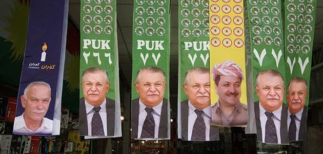 Banners for the general elections in 2014 with the portraits of the heads of the three major parties in the Kurdistan Region: KDP, Gorran and PUK, the three largest parties, respectively. File photo: Rudaw/Sartip Othman